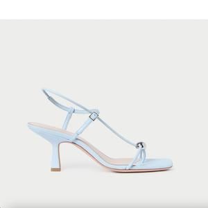 NEW LOEFFLER RANDALL women's triana leather mid-heel sandal in blue